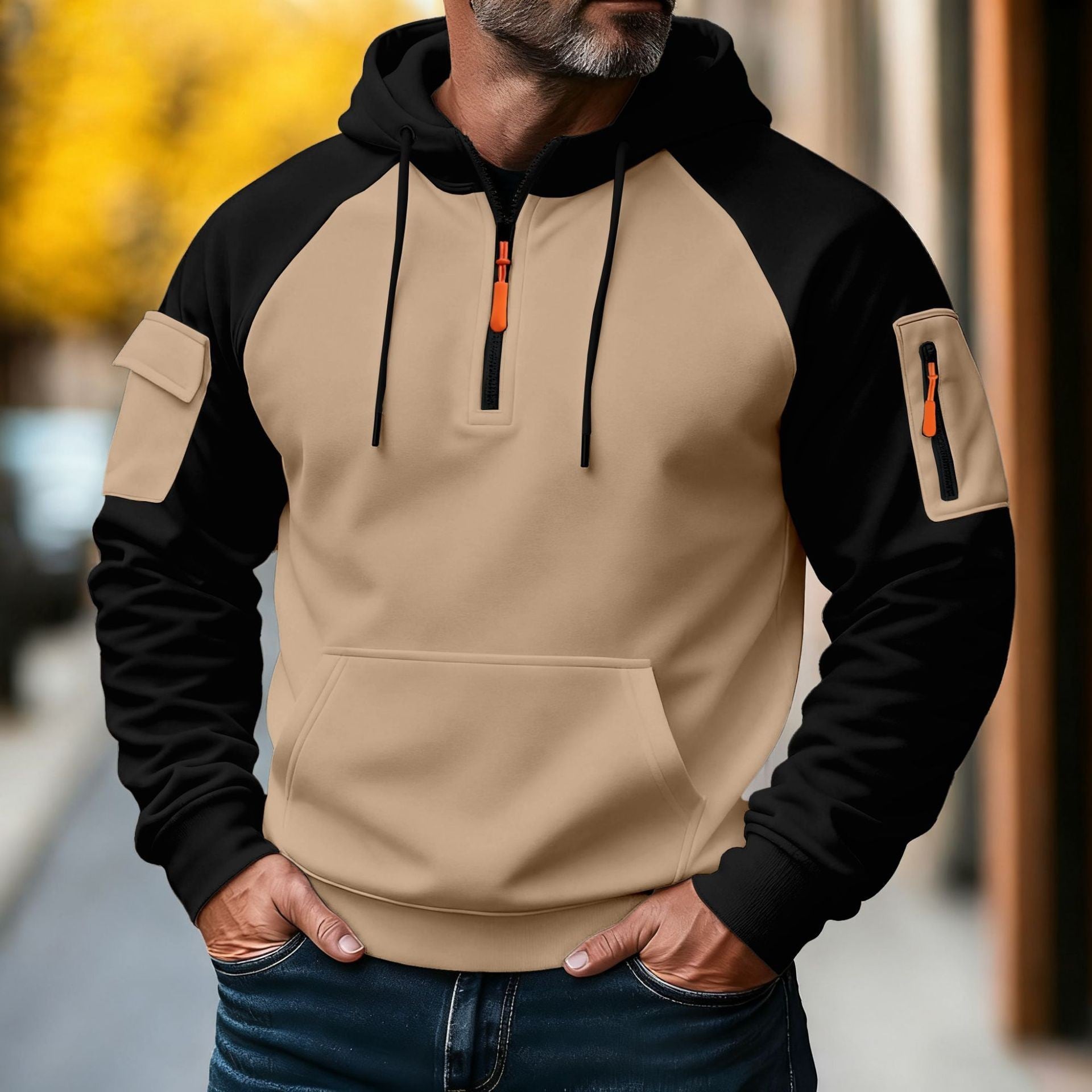 Men’s Brushed Pullover Hoodie with Zipper Accents — Sports & Leisure Style