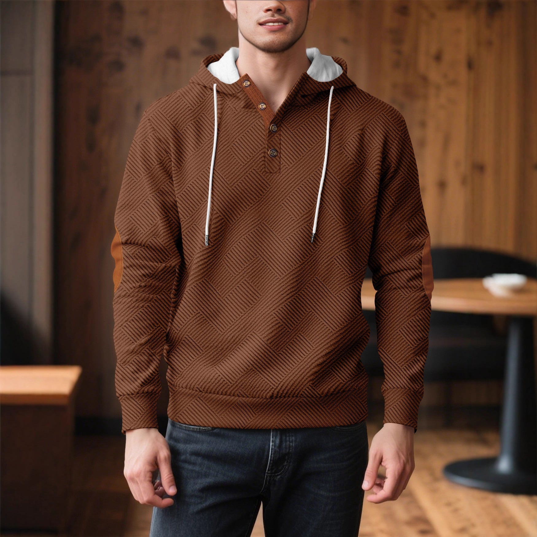 Men’s Loose-Fit Jacquard Hoodie — Solid Color Sports & Leisure Pullover